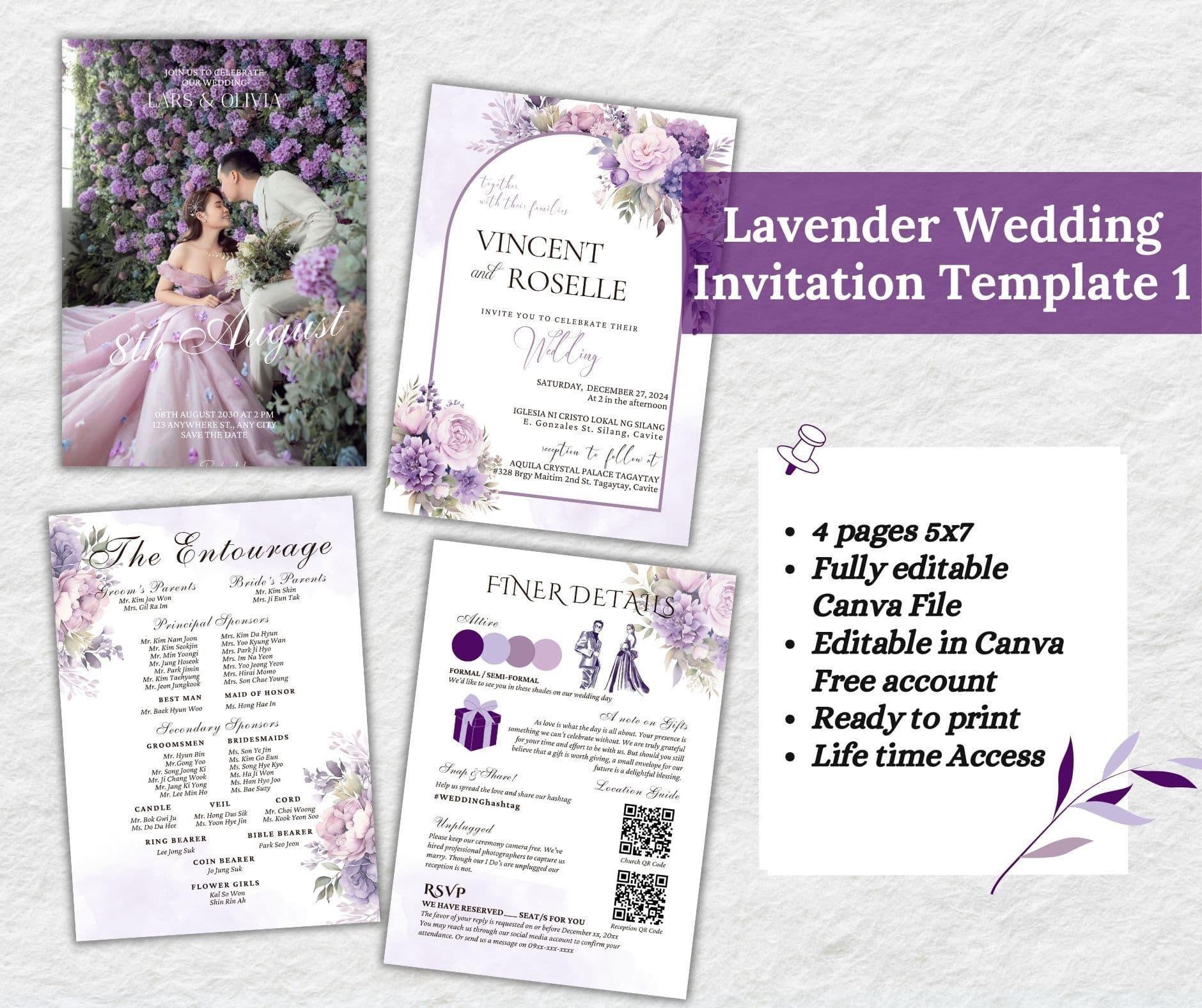 Lavender/Lilac Wedding Invitation Template v1 — view 1